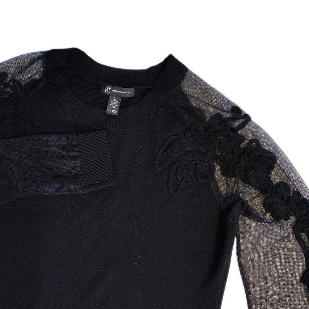 INC International Concepts Womens Lg Sheer Mesh Embroidered Appliqué Sweater NWT